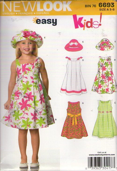 New Look 6693 Retro 2007 Sewing Pattern Girl's Dresses,  Easy To Sew Summer Party Sundress, Sun Dress with Tucks & Pleats in 4 Styles, Blossom Flip Up Sun Hat Size 30-8