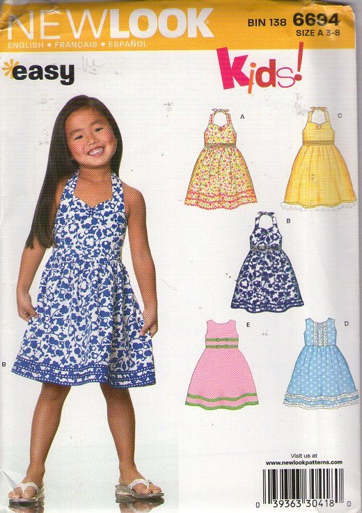 New Look 6694 Retro 2007 Sewing Pattern Girl's Dresses,  Easy To Sew Bare Sunback Halter Top Summer Sun Dress, School or Party Dress Set 5 Styles Size 3-8