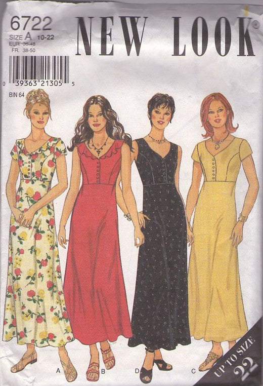 New Look 6722 Vintage 80's Sewing Pattern Summer Dresses, Shaped V Neck Modest High Waist Midi Dress Set 4 Styles Size 10-14
