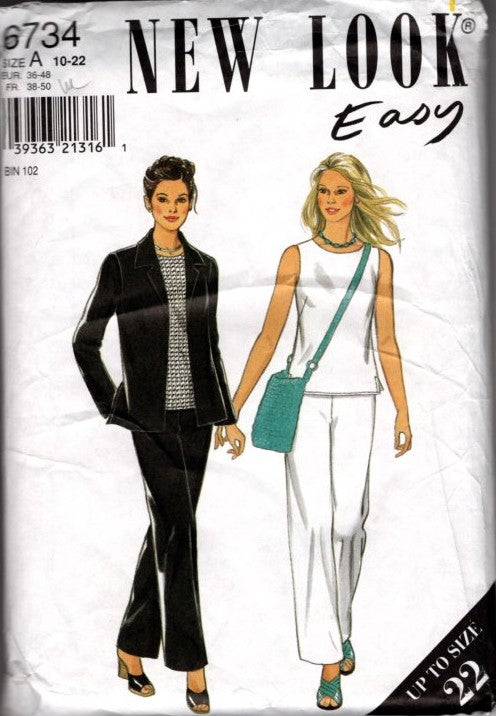 New Look 6734 Retro 2007 Sewing Pattern Easy Minimalist Separates, Tank Top Blouse, Pants, Jacket Size 10-22