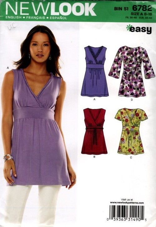 New Look 6782 Retro 2008 Sewing Pattern Easy Pullover Boho Blouse Set, Surplice Top, Midriff Band, 4 Styles Size 8-18