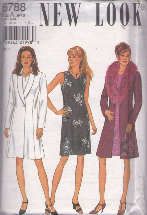 New Look 6788 Retro 90's Sewing Pattern Summer Sheath Dress, Shawl or Faux Fur Collar Princess Seams Coat, Jacket Size 8-18