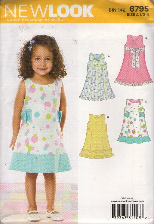 New Look 6795 Retro 2008 Sewing Pattern Girl's Dress Set, Summer School Party Summer Sleeveless Dress Set, 4 Styles Contrast Hem Styles Size 1/2-4