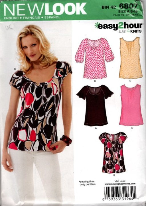 New Look 6807  Retro 2008 Sewing Pattern Easy 2 Hour Tops, Just 4 Knits, Smock Top, Tank Taop 5 Styles Sie 8-18