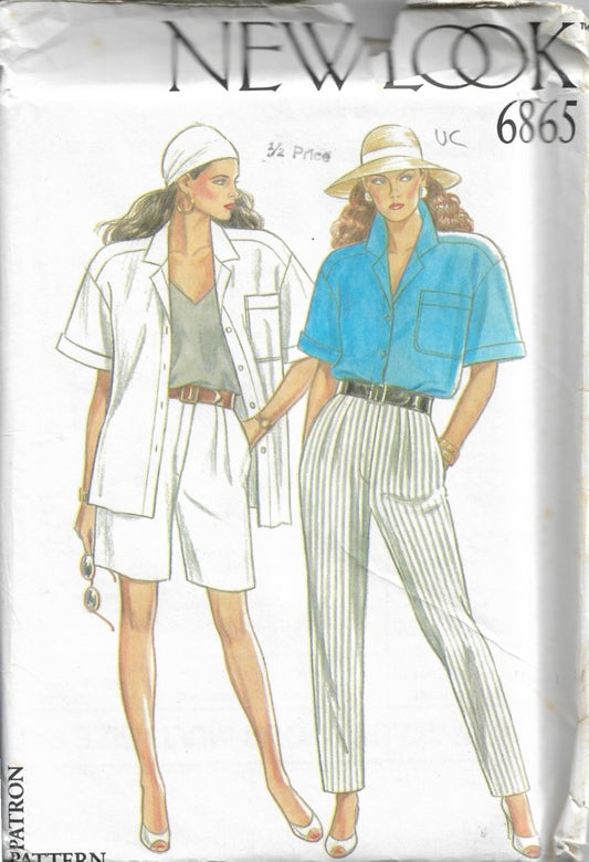 New Look 6865 Vintage 80's Sewing Pattern Oversized Boxy Blouse, Skirt, Fly Front Walking Shorts or Tapered Pants with Pockets Size 8-18
