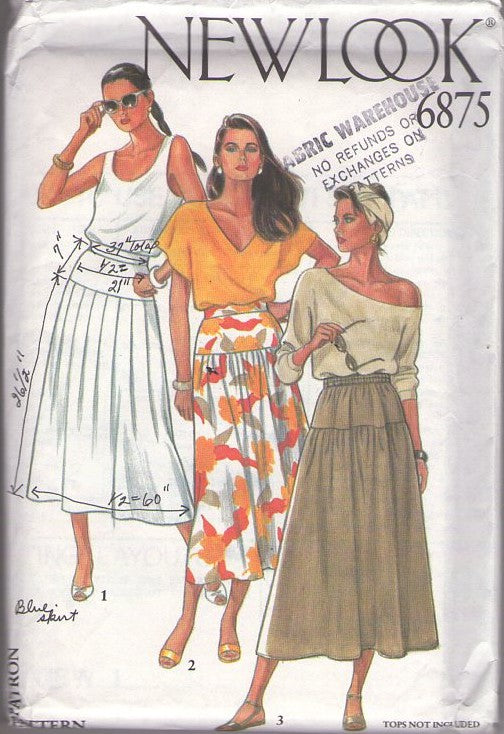 New Look 6875 Vintage 80's Sewing Pattern Easy Skirts, Modest Below Knee Hip Yoked Secretary Day Skirt Set 3 Styles Size 8-14