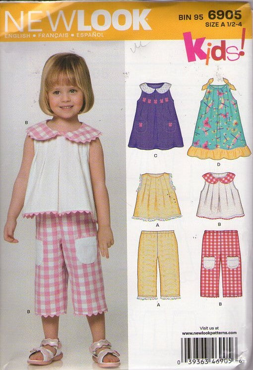 New Look 6905 Retro 2009 Sewing Pattern Girl's Summer Separates, Mix & Match Flared Large Collared Top, Sun Dress, Capri Pants Size 1/2-4