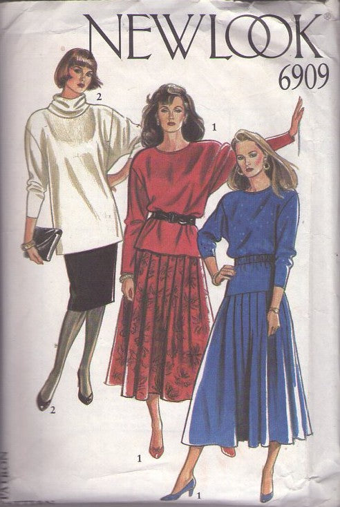 New Look 6909 Vintage 80's Sewing Pattern Boxy Cown or Round Neck Tunic Top Shirt, Skim or Pleated Skirt Size 8-16