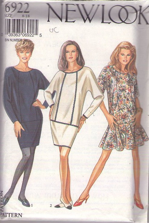 New Look 6922 Vintage 80's Sewing Pattern Drop Waist Dress Set, Mod Look, Front Panel, Mini Sheath or Flounced Styles Size 8-18