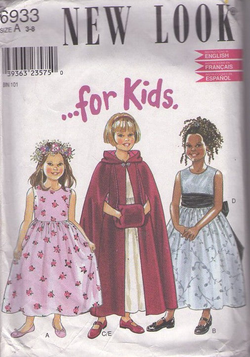 New Look 6933 Retro 90's Sewing Pattern For Girl's Dress, Cape, Formal Ensemble, Modest Midi Fancy Party Dress, Toggle Cape, Cloak with Hood & Arm Slits, Hand Warmer Muff Size 3-6
