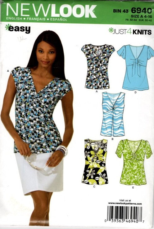 New Look 6940 Retro 2010 Sewing Pattern Easy Pullover Tops, Blouse Set, Just 4 Knits, 5 Styles Size 4-16