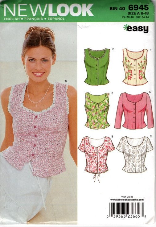 New Look 6945 Retro 2008 Sewing Pattern Easy Button Front Blouse Set, Cottagecore Camisole Looks, 5 Styles Size 8-18