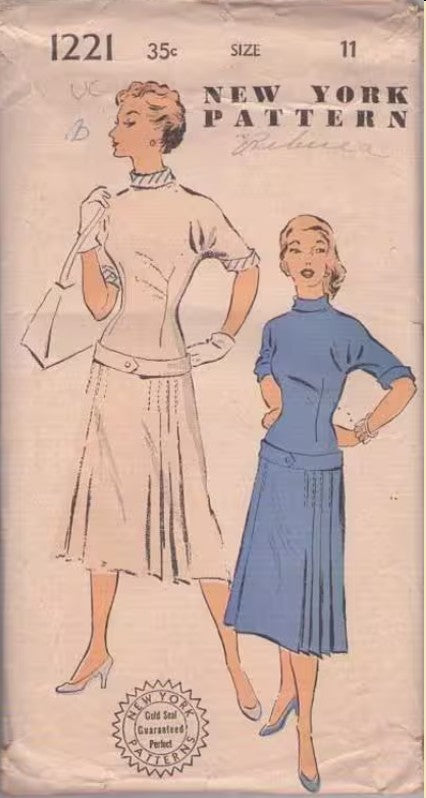 New York 1221 Vintage 50's Sewing Pattern Secretary Day Dress, 2 Pieces, 1 Piece Look, Dolman Sleeve, Drop Waist Blouse Top, Pleated Skirt Size 11
