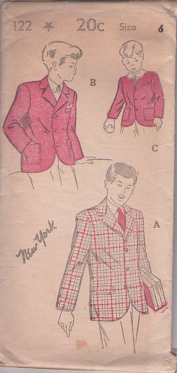 New York 122 Vintage 40's Sewing Pattern Boys' Jackets, Blazer Suit Jacket, 2 Styles Size 6