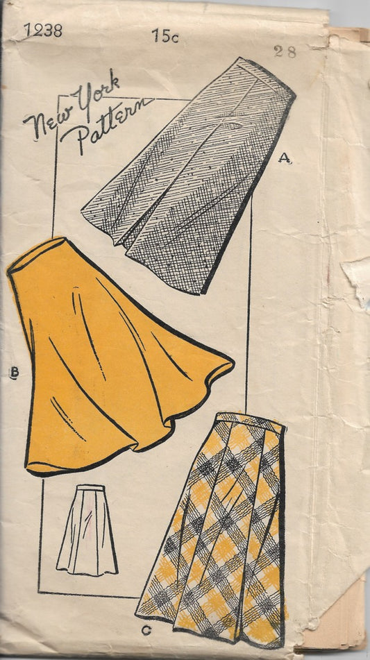 New York 1238 Vintage 40's Sewing Pattern Skirt Trio, 3 Skirts, Flared, Pleated, Gored Size 28 L