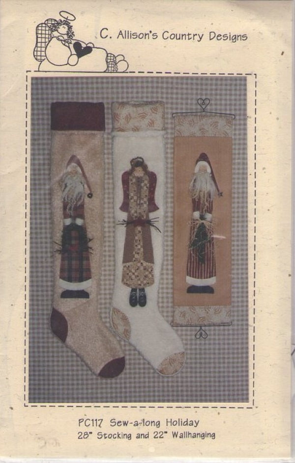 C Allison's Country Crafts PC117 Retro 90's Sewing Pattern Sew A Long Crafts, Primitive Old Fashioned Santa Claus Wall Hanging, Stocking OZ