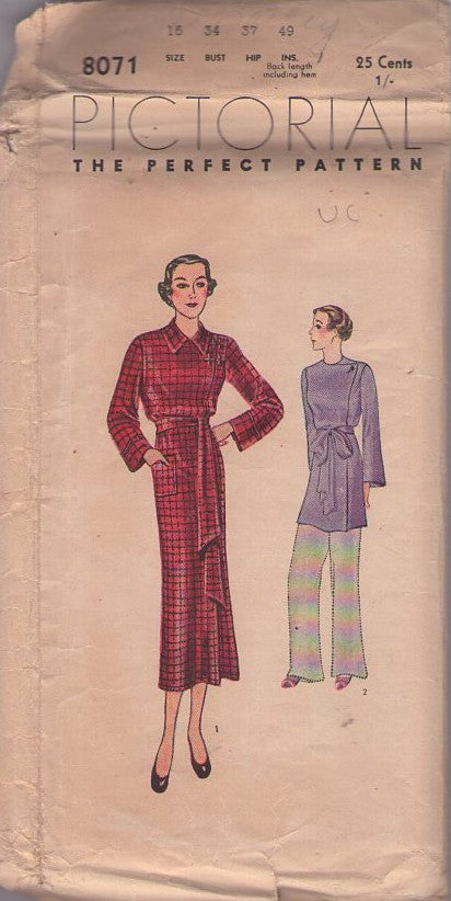 Pictorial 8071 Vintage 20's Sewing Pattern Robes Set, Front Wrap Tailored House Dress Tunic, Pajama Jacket, Dressing Gown, Robe, Bathrobe Size 16