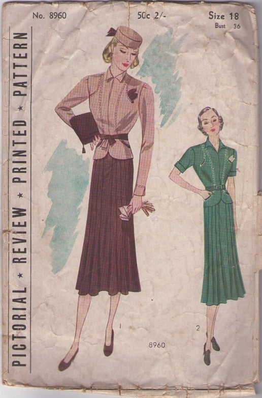 Pictorial Review 8960 Vintage 20's Sewing Pattern Afternoon Suit Dress, Art Deco Era, 2 Piece, Jacket Blouse Top, Gored Flared Modest Below the Knee Skirt Size 18