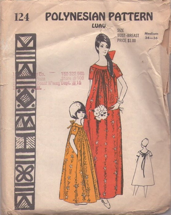 Polynesian Pattern 124 Vintage 60's Sewing Pattern Hawaiian Luau Gown, Pullover MuuMuu, Sweeping House Dress Size M