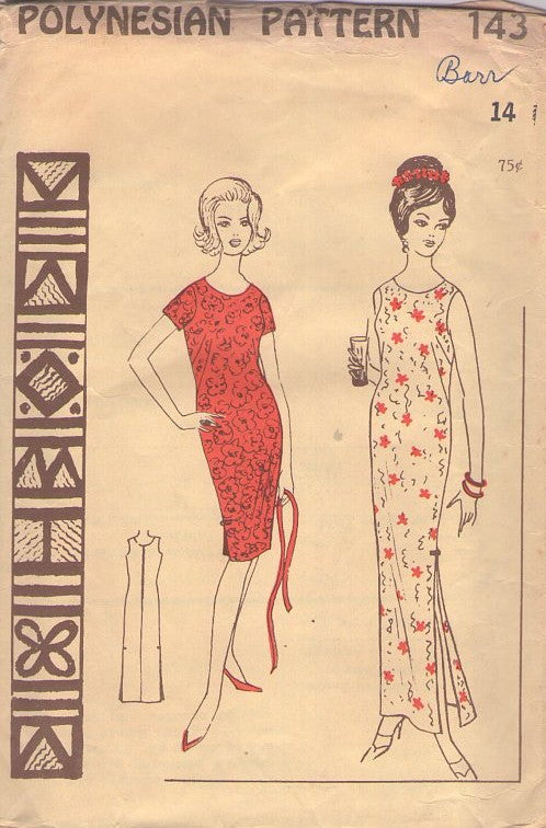 Polynesian Pattern 143 Vintage 60's Sewing Pattern Arkamai Dress, Short Cocktail Party or Long Hostess Maxi Muu Muu Lounge Gown with Side Slits, Optional Tie Belt Size 14