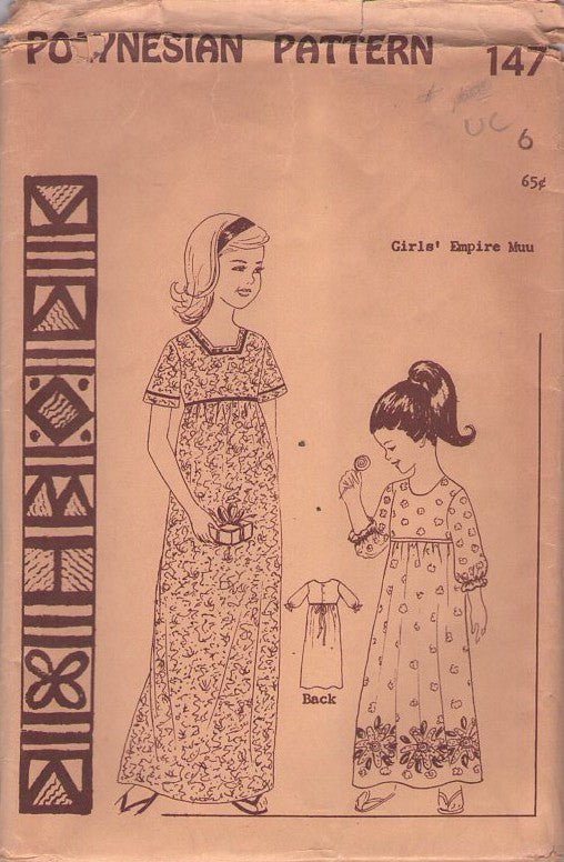 Polynesian Pattern 147 Vintage 60's Sewing Pattern Girl's Empire Muu Muu, Long Maxi Gown, Dress for Border Print Size 6