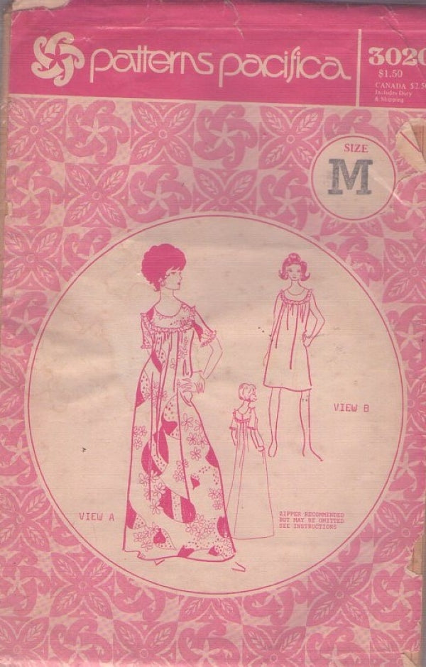 Patterns Pacifica 3020 Vintage 70's Sewing Pattern Hawaiian MuuMuu Gown, Sleep Dress, Mod Yoked Styles Size M