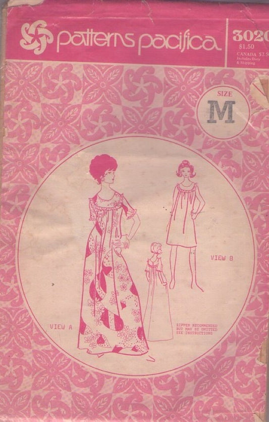 Patterns Pacifica 3020 Vintage 70's Sewing Pattern Hawaiian MuuMuu Gown, Sleep Dress, Mod Yoked Styles Size M