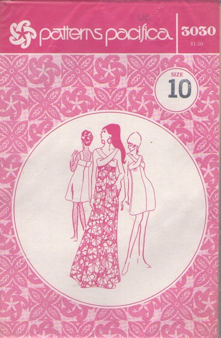 Patterns Pacifica 3030 Vintage 70's Sewing Pattern Hawaiian Dress, Hostess Cross Strap Bodice VLV Cocktail Party Dress or Long Vacation Cruise Maxi Gown Size 10