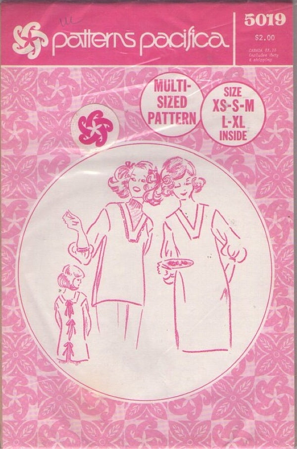 Patterns Pacifica 5019 Vintage 70's Sewing Pattern Mama San Tie Back Apron Shirt, Artist Smock Top Size XS-XL