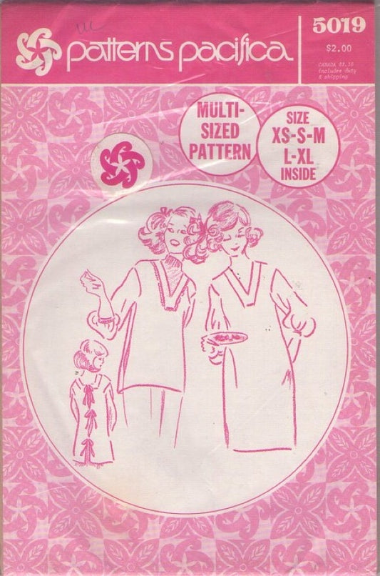 Patterns Pacifica 5019 Vintage 70's Sewing Pattern Mama San Tie Back Apron Shirt, Artist Smock Top Size XS-XL