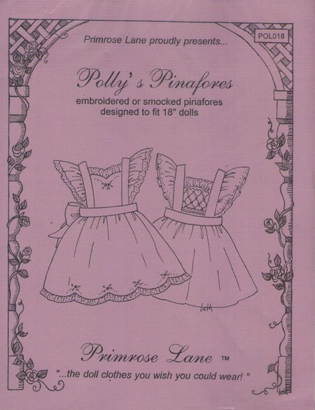 Primrose Lane POL018 Retro 90's Sewing Pattern Doll Clothes, Polly's Pinafores, Embroidered or Smocked Pinafore, Apron Dress Set for 18 Dolls"
