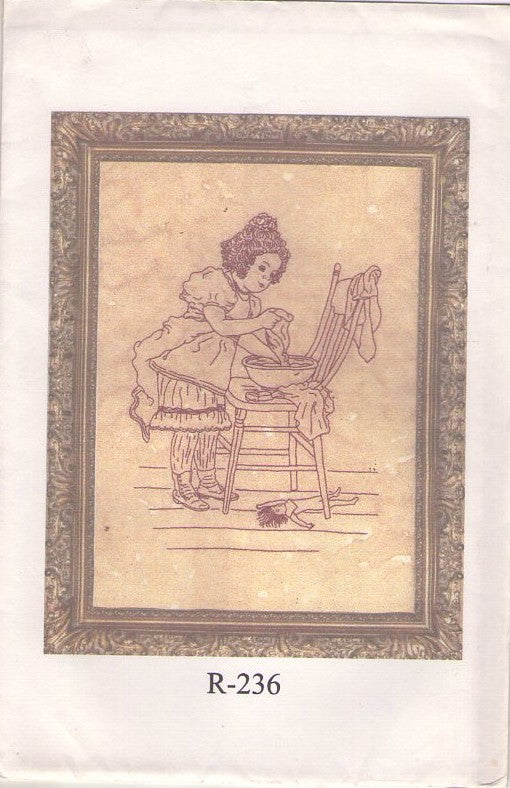 Lakadaisies R 236 Vintage 90's Sewing Pattern Crafts, Hand Did Folk Art Redwork Embroidery Pattern Girl & Doll Doing Laundry One Size