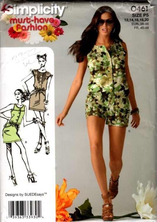 Simplicity 2222 0461 Retro 2011 Sewing Pattern Romper, Suede Says Flirty Jumpsuit, Mini Dress, Blouson Drawstring Size 12-20