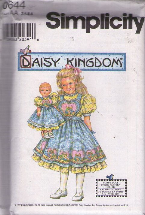 Simplicity 7477 0644 Retro 90's Sewing Pattern Girl's Dress, Matching Doll Dress, Valentine Heart Bibbed, Daisy Kingdom Dress & Pinafore Size 3-6
