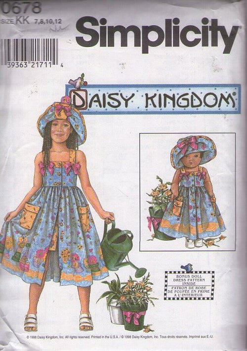 Simplicity 8145 Retro 2000 Sewing Pattern Girl's Dress Set, Daisy Kingdom, Front Buttoned Summer Border Fabric Sun Dress, Flip Brim Sun Hat, Modesty Shorts, Matching Doll Outfit 7-12