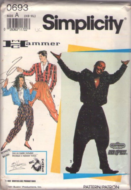 Simplicity 7455 0693 Vintage 90's Sewing Pattern Hip Hop Celebrity Costumes, Official Bustin' Productions, MC Hammer Costume, Jacket, Dropped Crotch Genie Harem Pants, Transfers Size XS-XL