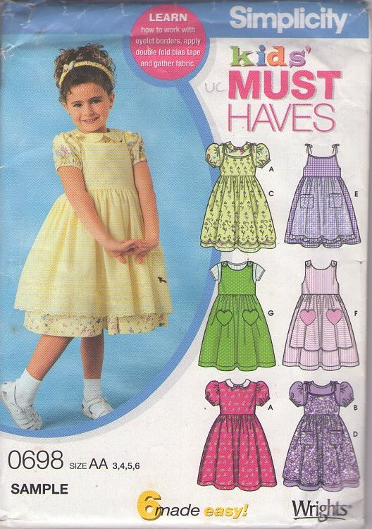 Simplicity 7190 0698 Retro 2002 Sewing Pattern Girls' Dress & Pinafore Set, Cottagecore, Modest School Styles Size 3-6