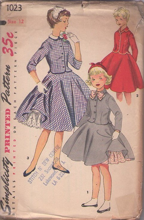 Simplicity 1023 Vintage 50's Sewing Pattern Girls' Suit Dress, Jacket Top, Circular Skirt, Petticoat Slip Size 12