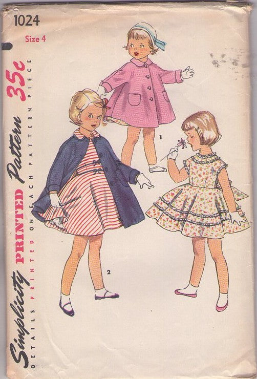 Simplicity 1024 Vintage 50's Sewing Pattern Girls' Dress & Coat Set, Frilly School or Party Dress, Swing Back Flared Jacket, Coat, Cover Up Size 4
