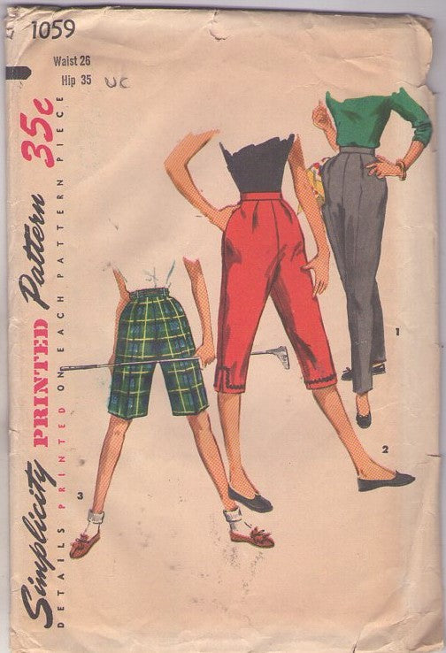 Simplicity 1059 Vintage 50's Sewing Pattern Rockabilly Pants Set, Walking Shorts, Knee Knockers Capri, Peg Leg Toreador Trousers Waist Size 26 Size S