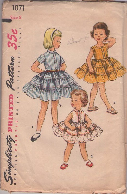 Simplicity 1071 Vintage 50's Sewing Pattern Girls' Party Dresses, Full Tiered Skirt, Shirtwaist, 3 Styles Size 6