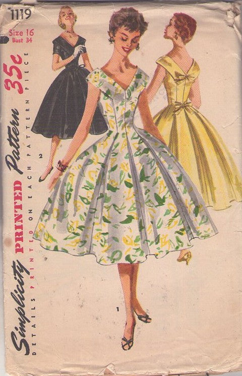 Simplicity 1119 Vintage 50's Sewing Pattern Rockabilly Party Dress, Fancy V Neck Flanged Cap Sleeve Cocktail Party Dress, Large Box Pleats Skirt, 2 Styles Size 16