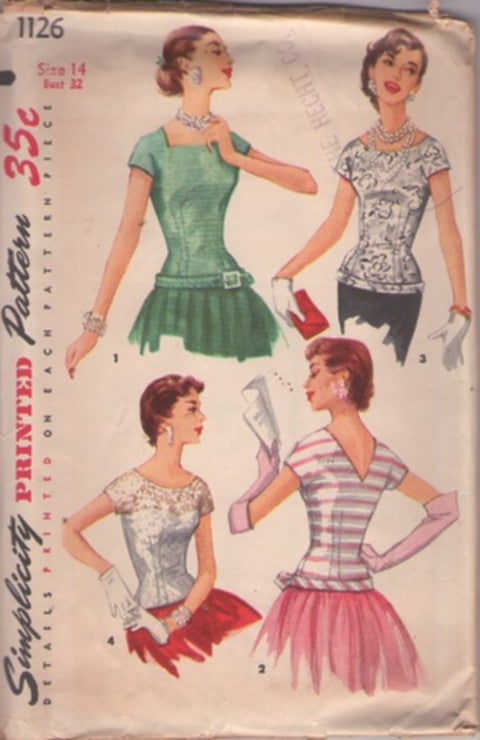 Simplicity 1126 Vintage 50's Sewing Pattern Rockabilly Party Blouse, Marilyn Monroe Curve Hugging Crumb Catcher Hip Band Cocktail Party Blouse, Top Set 4 Styles Size 14