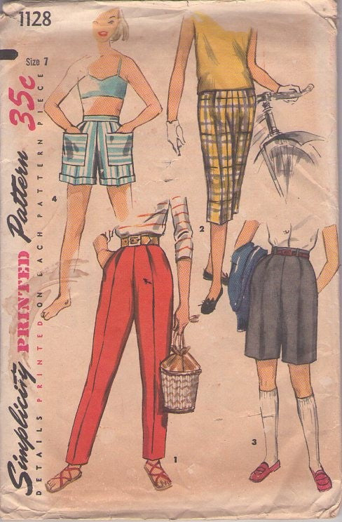 Simplicity 1128 Vintage 50's Sewing Pattern Girls' Shorts, Pants, Rockabilly Bottoms Wardrobe, High Waisted Shorts, Walking Shorts, Slacks, Capri Pedal Pushers Size 7