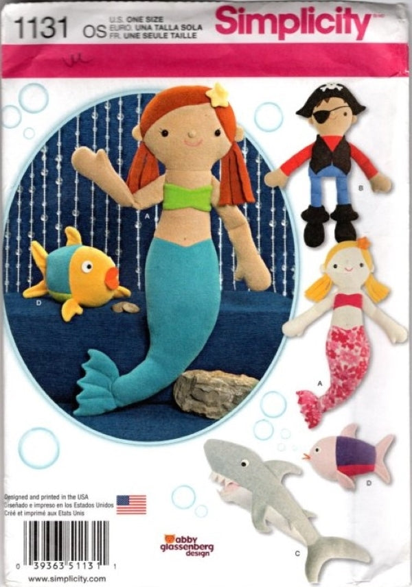 Simplicity 1131 Retro 2015 Sewing Pattern Comical Stuffed Sea Theme Dolls, Mermaid, Pirate, Shark, Fish OZ