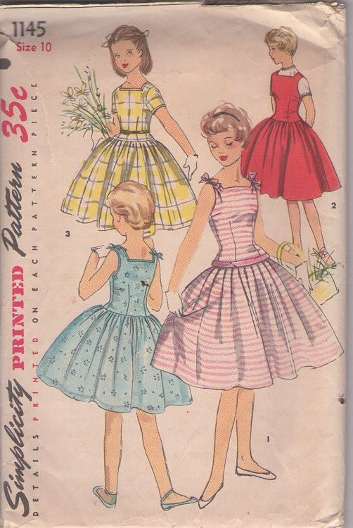 Simplicity 1145 Vintage 50's Sewing Pattern Girls' Dress Set, Square Neck Dropped Waist, Full Flared Circular Skirt Sun Dress, Jumper, School or Party Dress Size 10