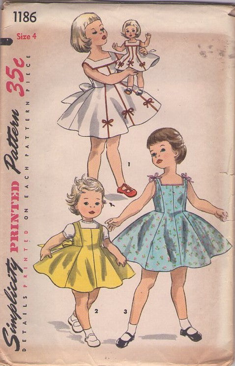 Simplicity 1186 Vintage 50's Sewing Pattern Girls' Dresses, Square Neck Summer Jumper, Gored Flared Skirt Tie Back Dress, Matching Toni Walker Doll Outfit Size 4