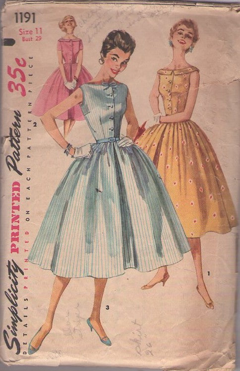 Simplicity 1191 Vintage 50's Sewing Pattern Rockabilly Dresses, Mad Men FULL Inverted Front Pleat Skirt Shirtwaist Party Dress, Bateau Neckline, 3 Styles Size 11