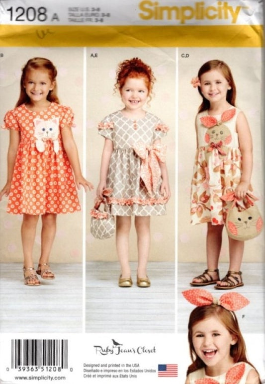 Simplicity 1208 Retro 2015 Sewing Pattern Girls' Summer Dress Set, Cat, Bunny Applique, Matching Bag, Purse Size 3-8