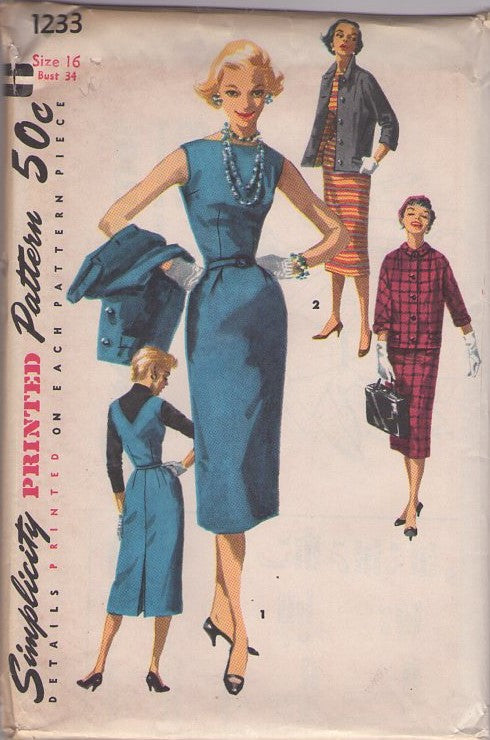 Simplicity 1233 Vintage 50's Sewing Pattern Rockabilly Dress Set, Marilyn Bateau Neck V Back Cocktail Party Dress, Sheath Jumper, Button Front Jacket Size 16